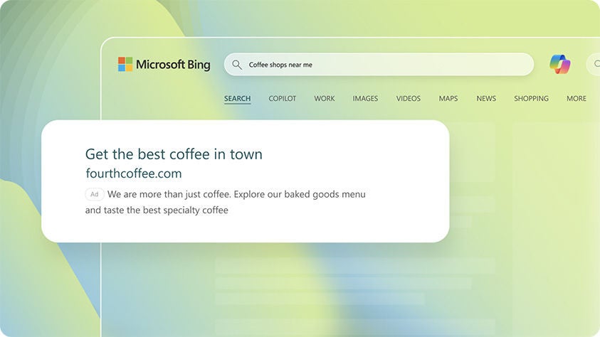 Search Ads appearing on a ‘coffee shops’ related Bing search results page.