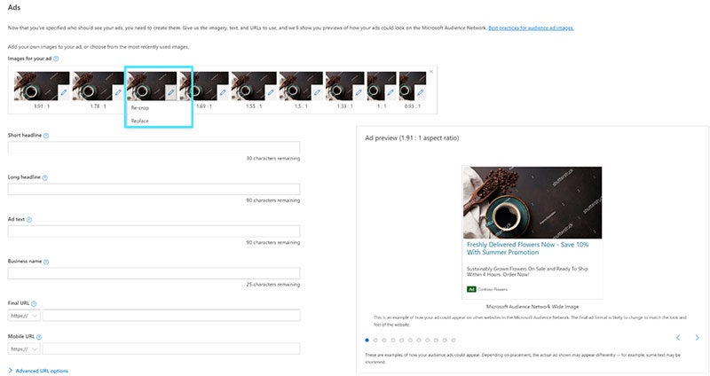 Product view of the Ad preview interface page, for sampling how ads will display when live.