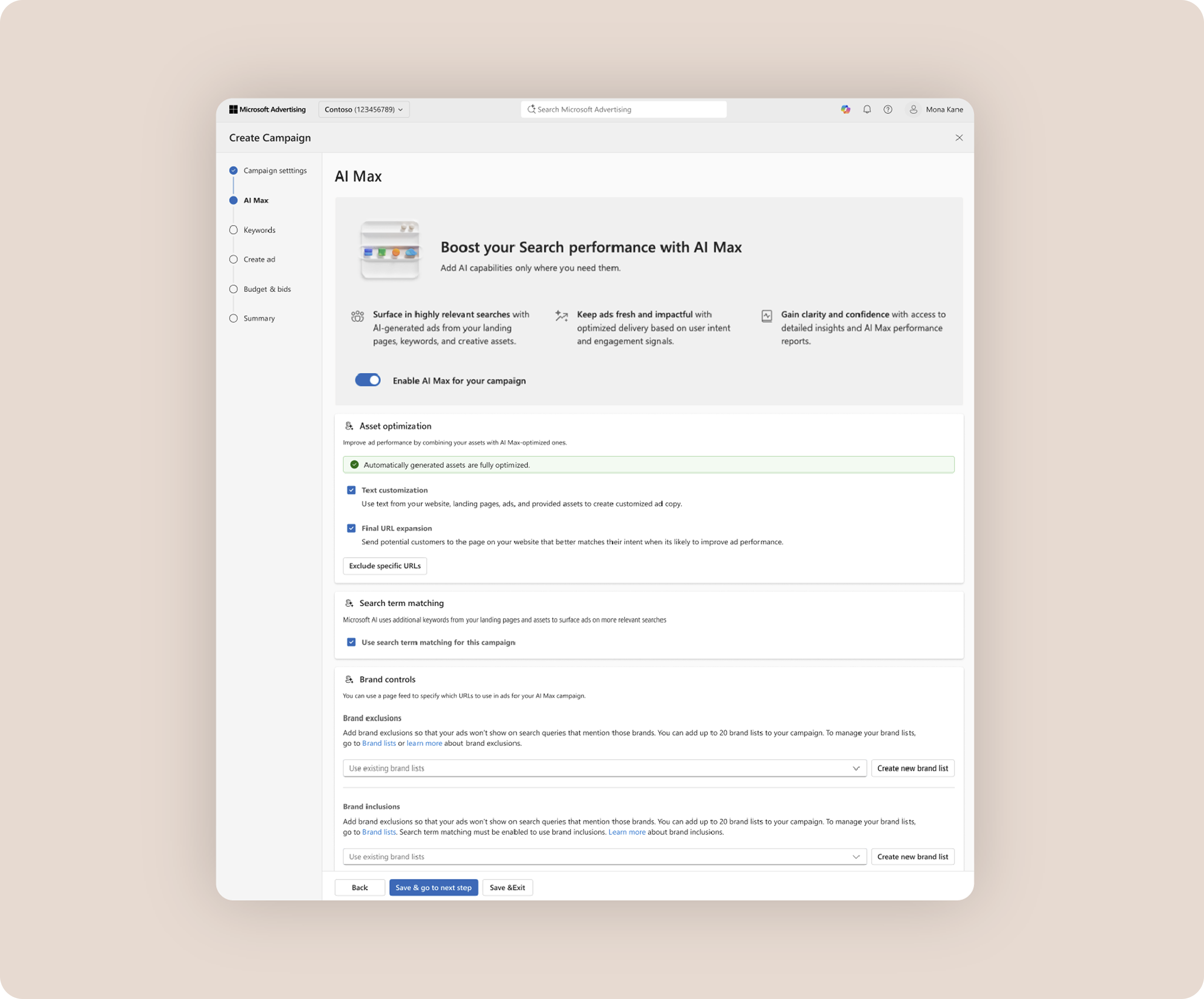 Screenshot of the AI Max setup experience in Microsoft Advertising's Search campaign workflow. The interface highlights AI Max capabilities, including asset optimisation, text customisation, URL expansion, and search term matching, with a toggle to enable AI Max for the campaign.