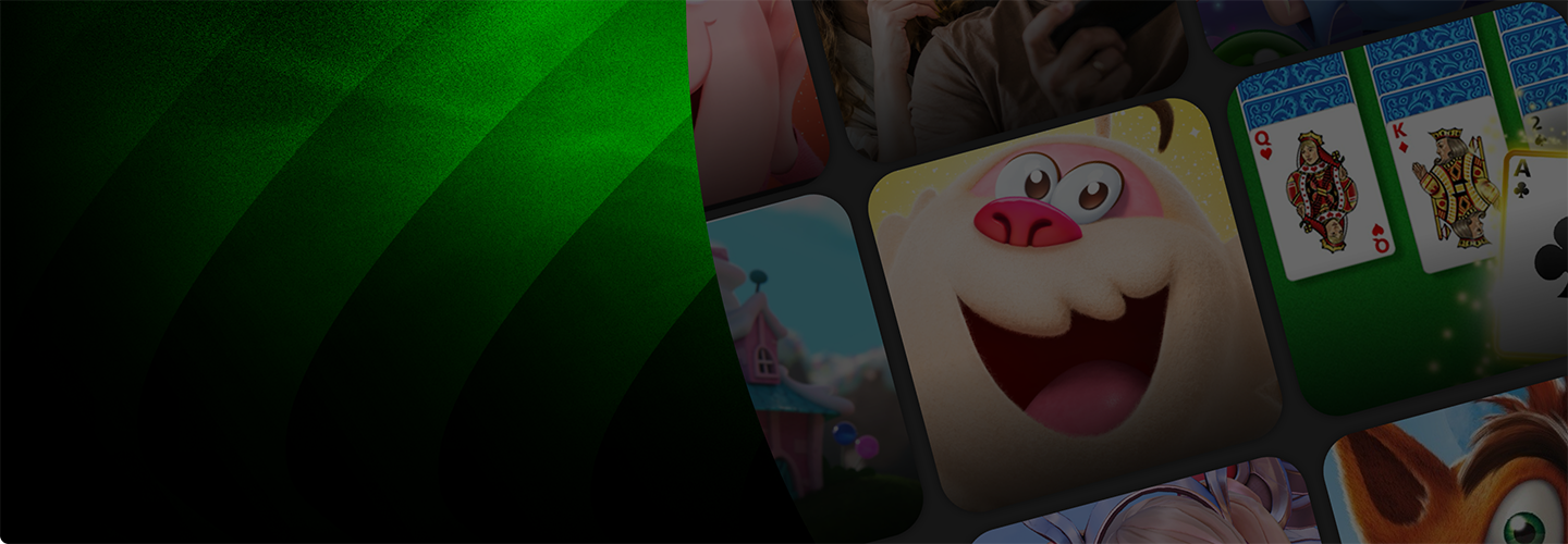 A collage of game icons partially visible on the right, including a smiling cartoon character and a solitaire card game, with a green gradient background on the left.