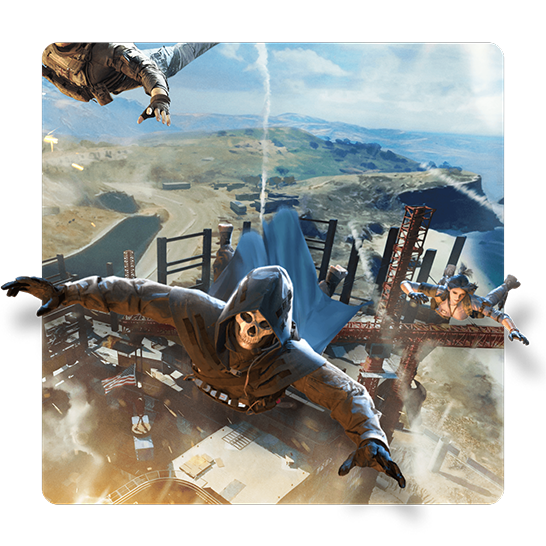 Three characters in tactical gear skydiving over an industrial structure and coastal landscape, with one figure wearing a hood and skull mask in the foreground.