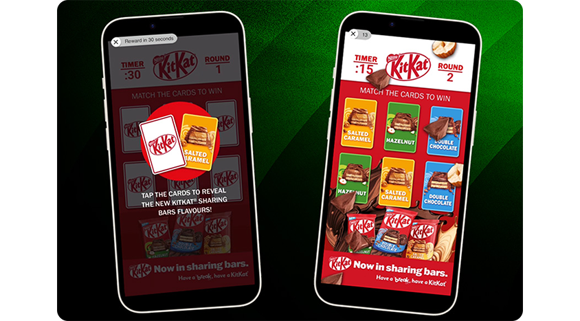 Mobile screenshots of the KitKat interactive matching-game Playable ad, showing the instruction screen and live gameplay where users match KitKat flavor cards to reveal sharing bar varieties.