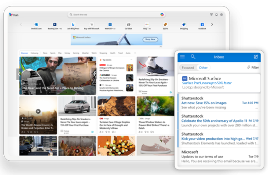 A tablet and a smartphone displaying different screens. The tablet screen shows the MSN homepage with various news articles, images, and advertisements. The smartphone screen displays an email inbox with messages from Microsoft Surface and Shutterstock.