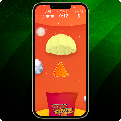 Smartphone displaying a game interface with an orange background, featuring a triangular chip descending with a yellow parachute toward a red Ultra Chipz bag at the bottom. The top of the screen shows “LIFE,” “TIME: 0:12,” and “CHIPZ: 5,” along with heart icons and a starry sky with clouds. 