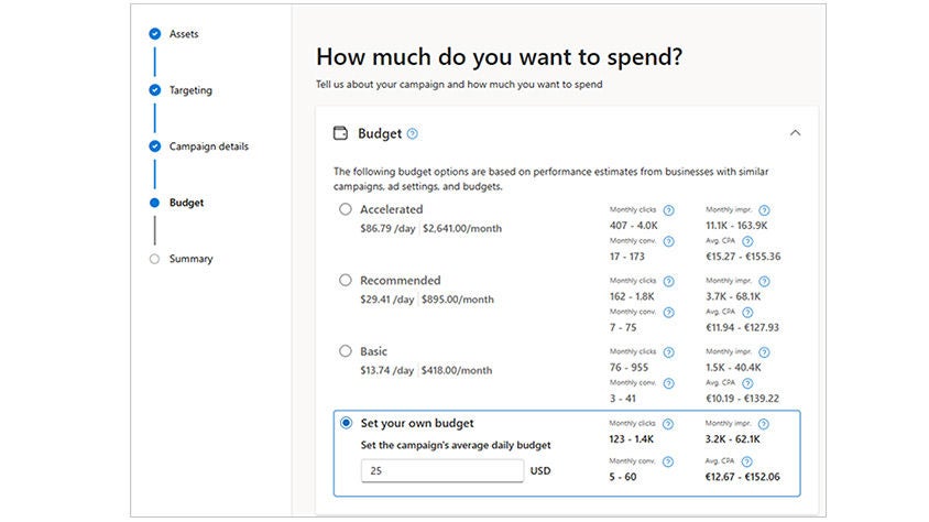 An image of the PMax campaign creation workflow that provides budget suggestions and performance estimates