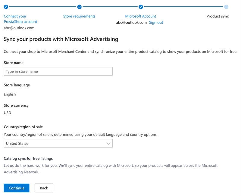View of the platform where you can sync your products with Microsoft Advertising.