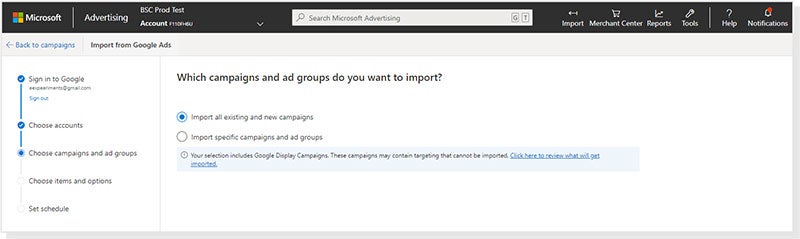 A screenshot of the dashboard for choosing which Google Ads campaigns to import.
