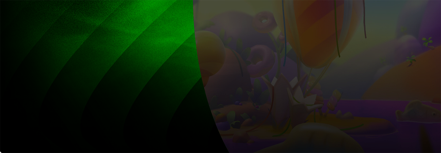 Green gradient background with a curved edge revealing a colorful, candy-themed landscape featuring oversized balloons, rounded hills, and a purple river.