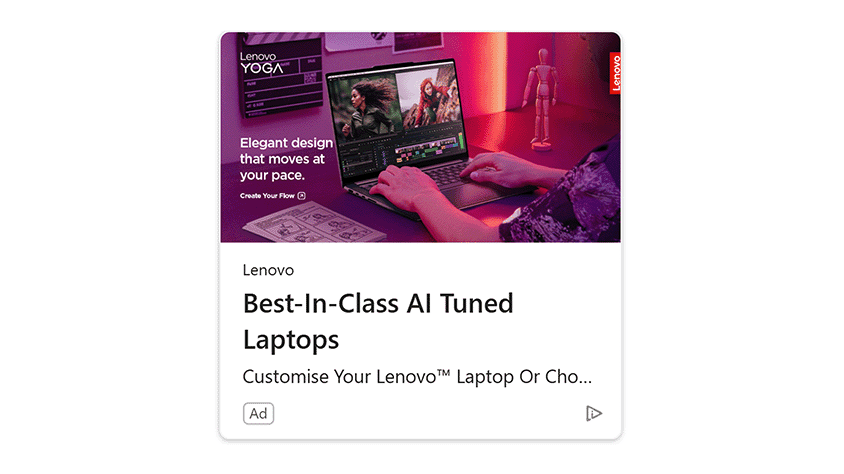Lenovo Yoga feed ad showing laptop used for video editing on a desk
