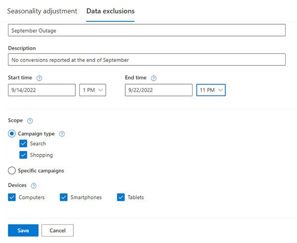 Form template for Data exclusions within automated bidding.