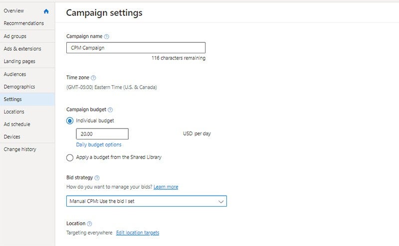 Snapshot of how to change the bid strategy from the campaign settings page.