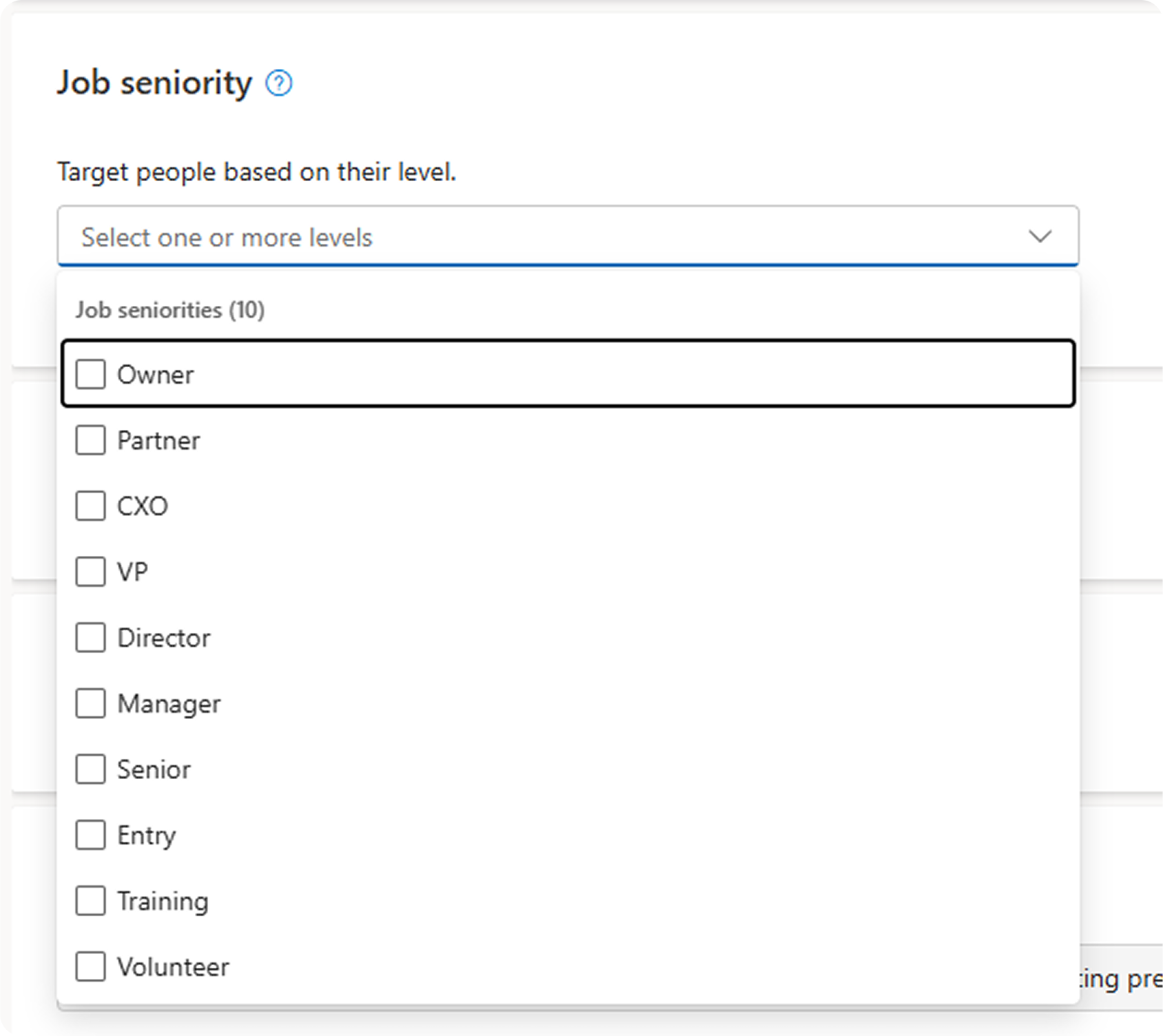 A screenshot of the LinkedIn targeting option for choosing the ten available job seniorities