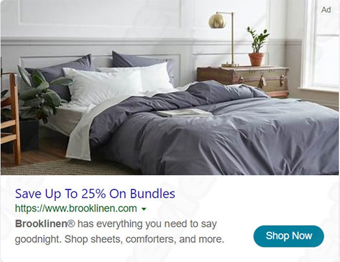 Example of a Brooklinen ad on the search engine results page.