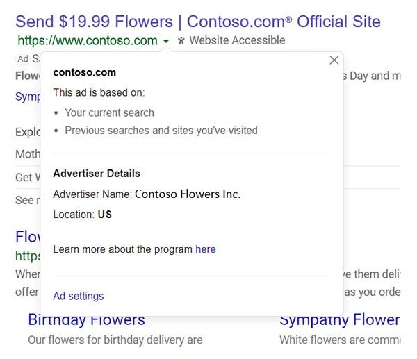 Snapshot of how the verified advertiser details will be displayed.