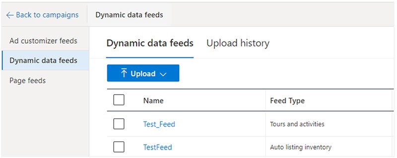 Product view of the Dynamic data feeds upload interface.