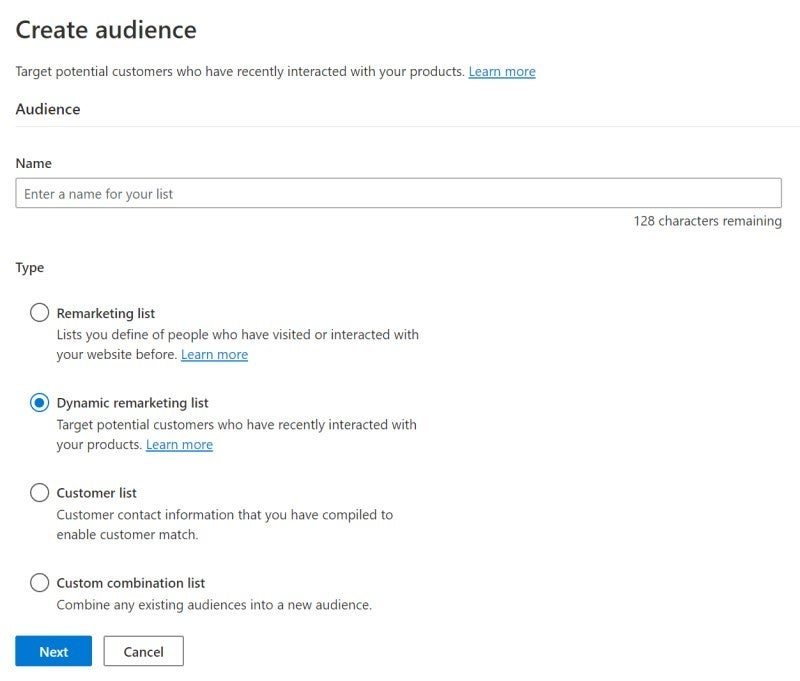 Product view of the create audience window.