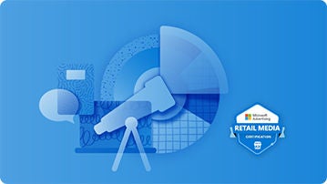 Retail Media Learning Path badge on a blue background with a telescope, notebook and computer icons.