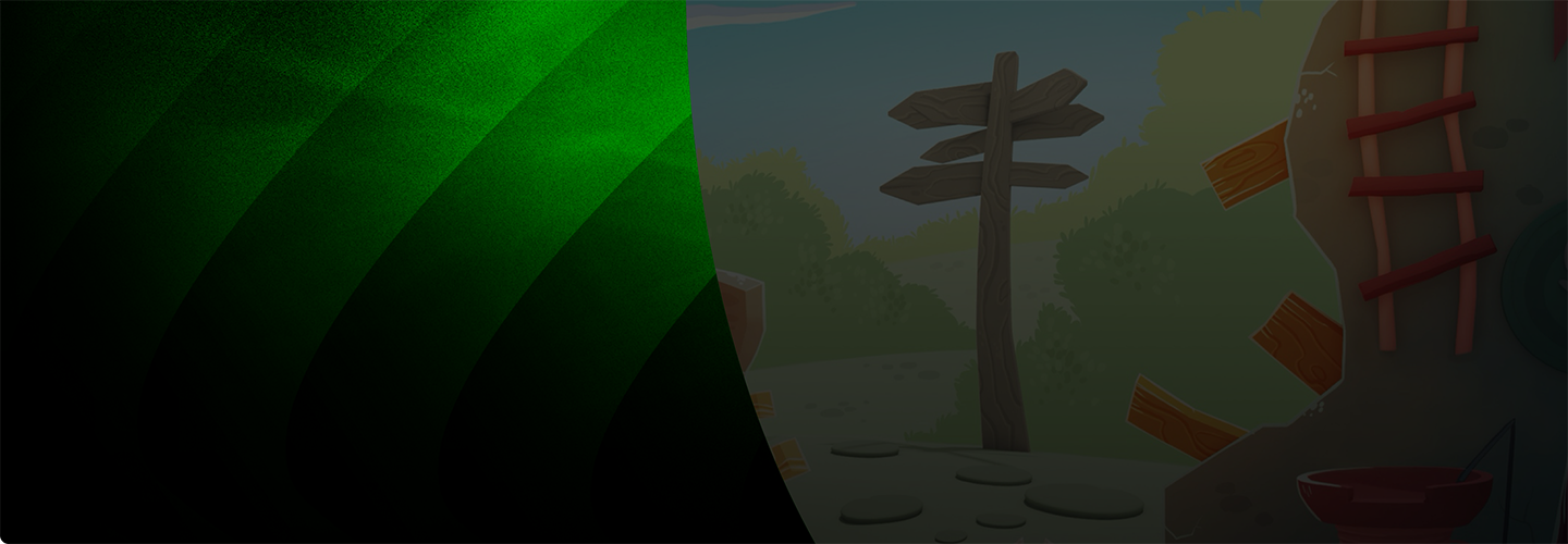 Green striped background on the left with a cartoon-style outdoor scene on the right, featuring a wooden signpost, trees, and part of a rocky structure with a red ladder.
