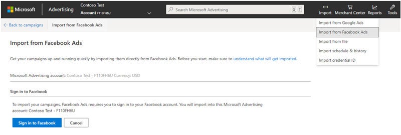 Product view of the Import from Facebook Ads interface window.