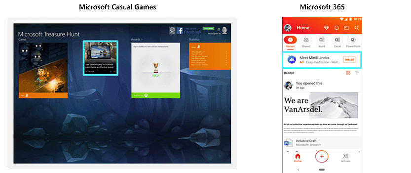 広告の 2 つの例。1 つは Microsoft カジュアル ゲーム プラットフォームで、もう 1 つは Microsoft 365 です。