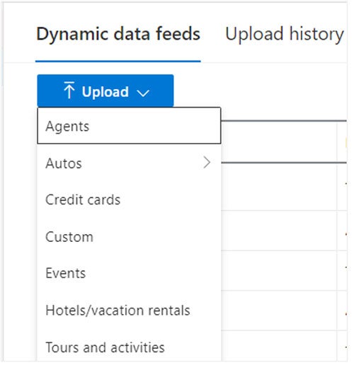 Product view of the Dynamic data feeds upload interface, displaying choices for feed schemas for various verticals.