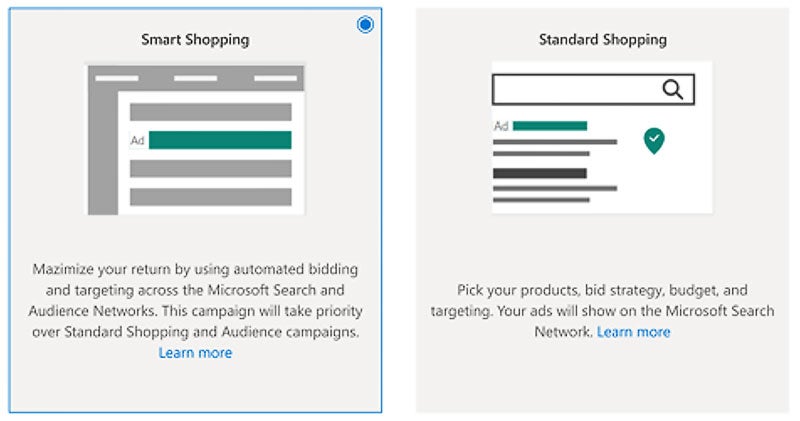 Product view of the Smart Shopping tile selected on the Campaign subtype page.