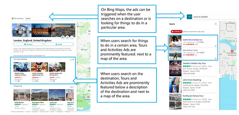Tours and Activities ad example showing Bing maps results. Tour and Activities ads are prominently displayed next to a map of the area when users search on a destination.