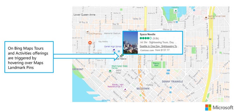 Tours and Activities ad example showing Bing maps results. Tour and Activities ads are triggered by hovering over Maps landmark pins.