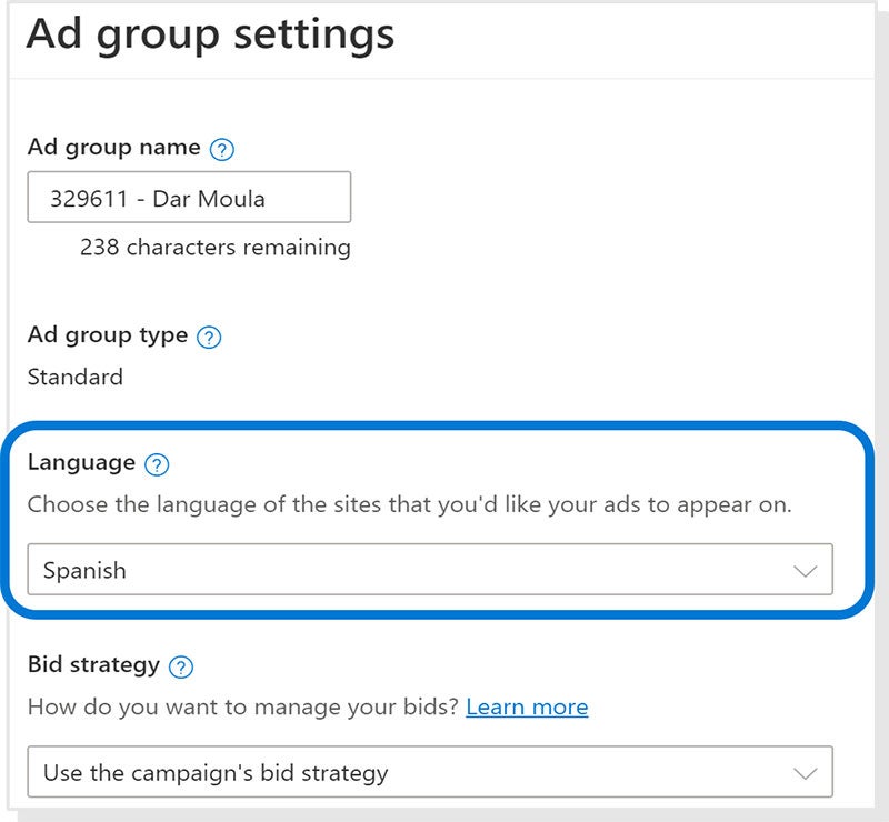 A screenshot for ad group settings for choosing the preferred language for sites you want your ads to appear on. Spanish is selected.