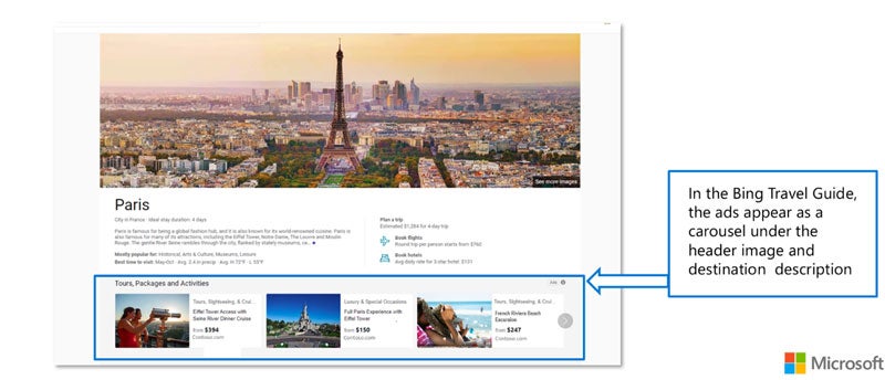 Tours and Activities ad example showing Bing Travel Guide results. The ads appear as a carousel under the header image and description.