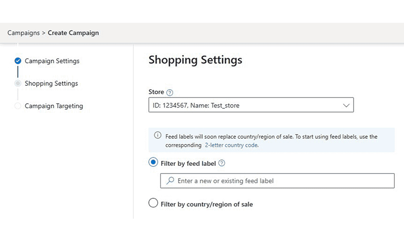 Shopping campaign settings within Microsoft Advertising.