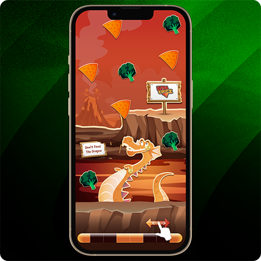 Smartphone displaying a game scene with an orange dragon in a rocky canyon, surrounded by falling triangular chips and broccoli pieces. A sign reads “Don’t Feed The Dragon,” and another sign shows the Ultra Chipz logo, set against a red volcanic background.