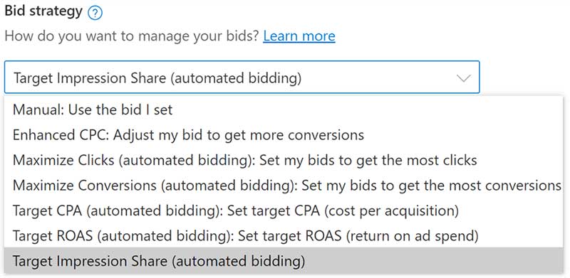 Product view of the Target impression share selected on the bid strategy dropdown list.