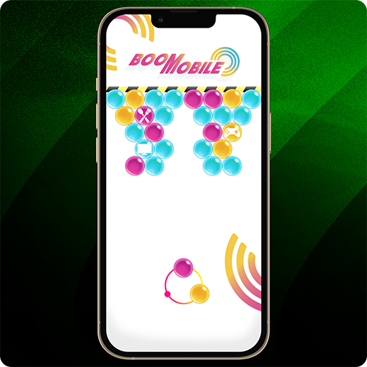 Smartphone displaying a bubble shooter game with clusters of colorful bubbles—pink, yellow, and blue—at the top and a launcher at the bottom. The screen includes the “BOOMOBILE” logo and stylized signal wave graphics on a white background. 