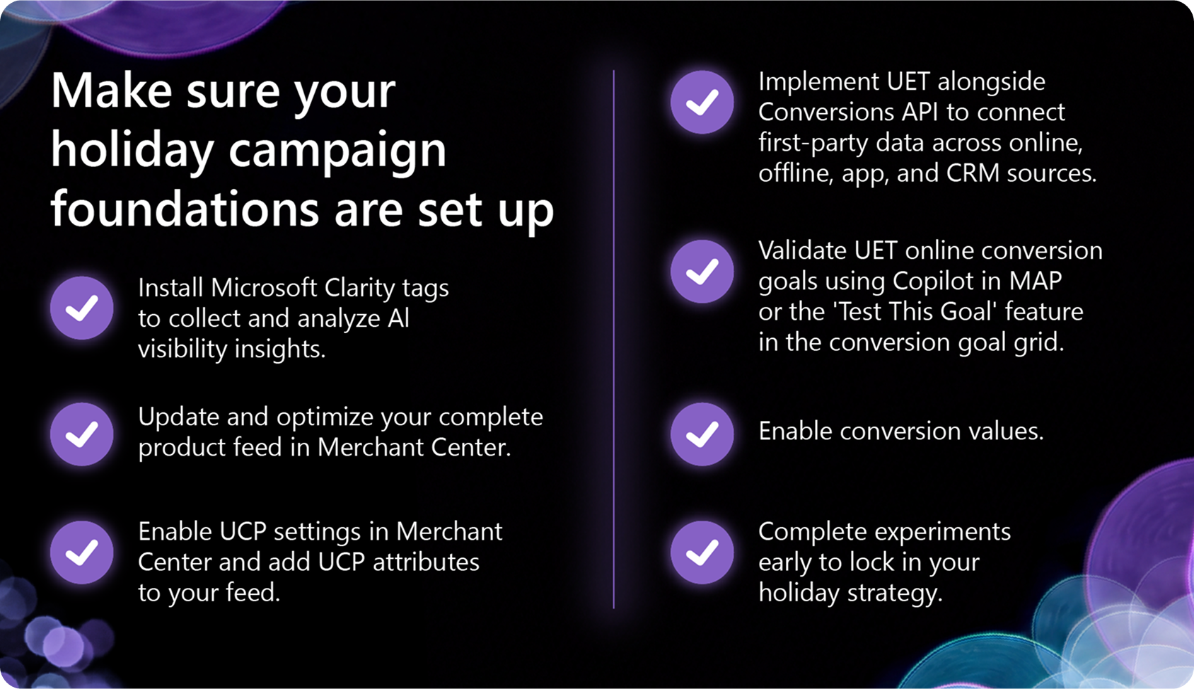 Image of a holiday campaign foundations readiness checklist with reminders on setting up product feeds and campaigns and tracking measurement and AI visibility for peak shopping demand.