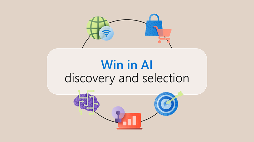 "Win in AI discovery and selection" surrounded by icons for web grounding, shopping, AI models, analytics and targeting.