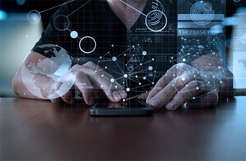 A partial view of a man using a cellphone. On top of the image, illustrated elements represent virtual data calculations and connections.