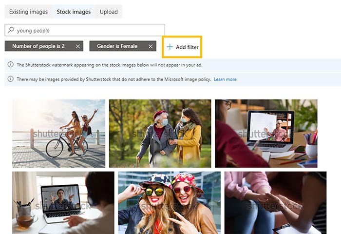Product view of Shutterstock filters used to search for images to use in your ads.