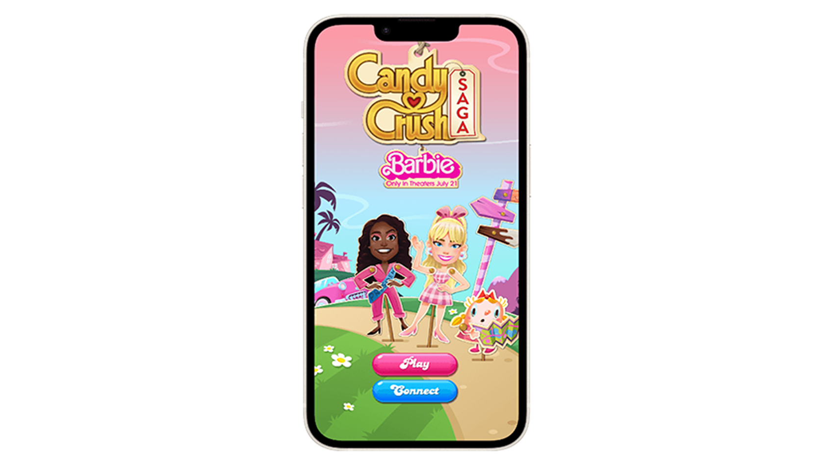 Candy Crush Saga home screen featuring ‘Candy’ fied Barbie promotional artwork on a mobile phone.