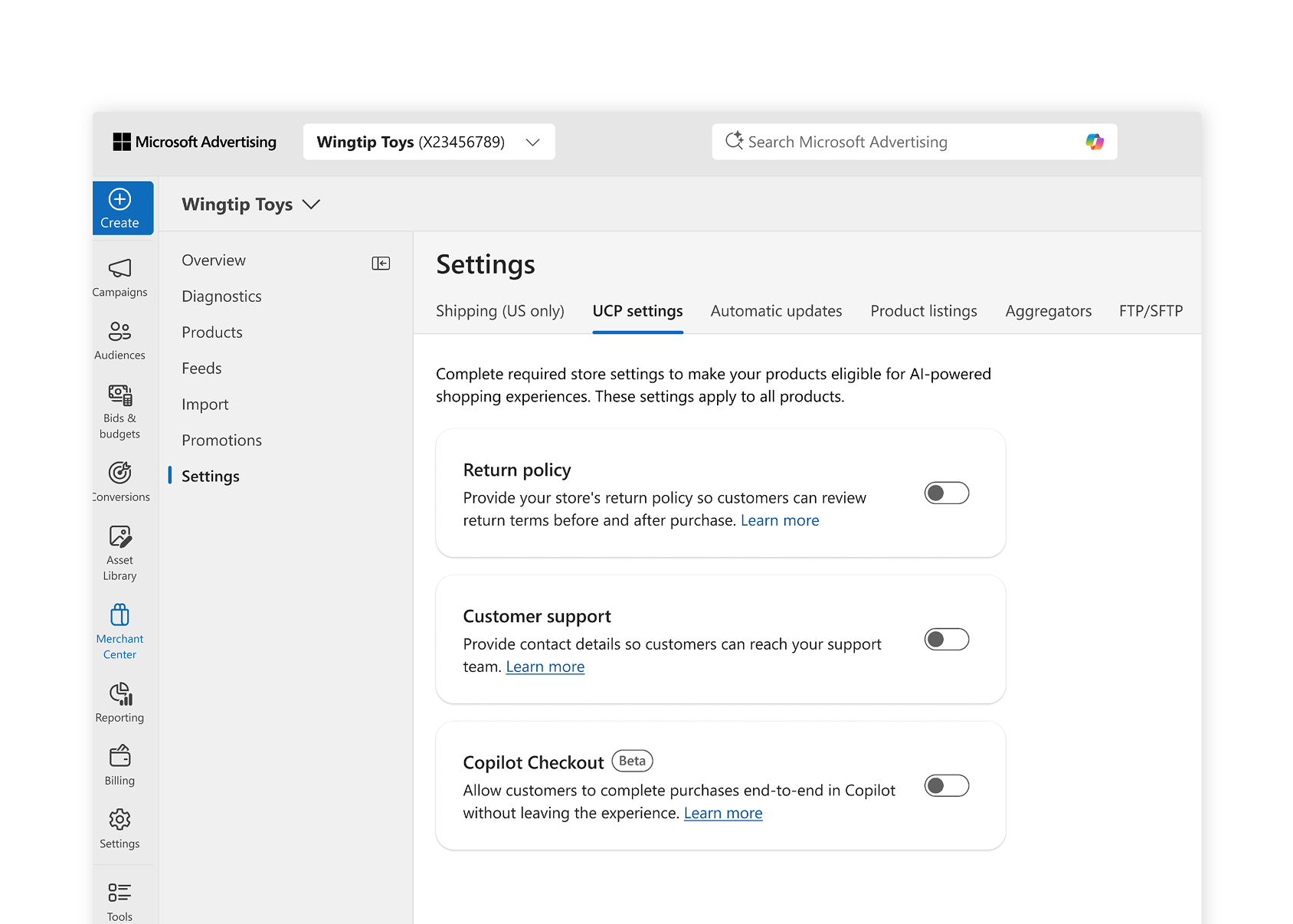 Image showing the interface of UCP Settings in Merchant Center.