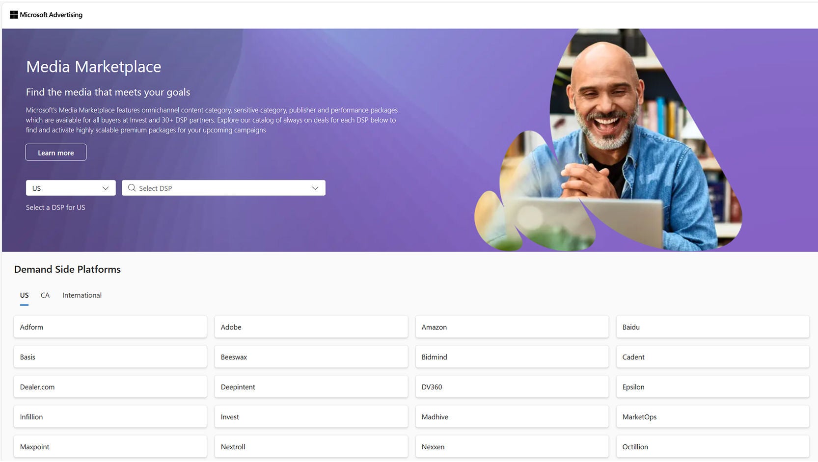 Screenshot of the Media Marketplace landing page showing all the DSPs integrated with Microsoft Advertising deal catalog.