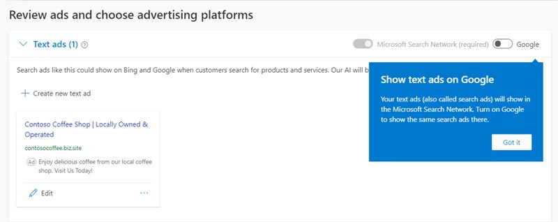 Product view of window where you can review ads and choose the advertising platforms.