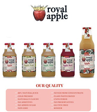 five bottles of different presentations of Royal Apple juice accompanied by a list of quality attributes.