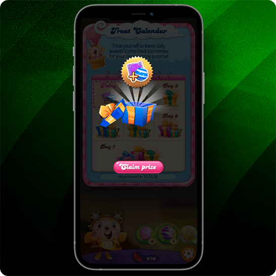 Smartphone displaying a candy-themed game reward screen with a blue gift box and a golden badge icon, featuring a pink “Claim prize” button, set against a green striped background.