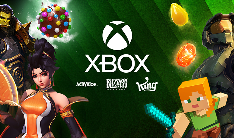 Characters from across the Xbox franchises and exploding Candy Crush Saga candies surround the Xbox, Activision, Blizzard, and King logos.