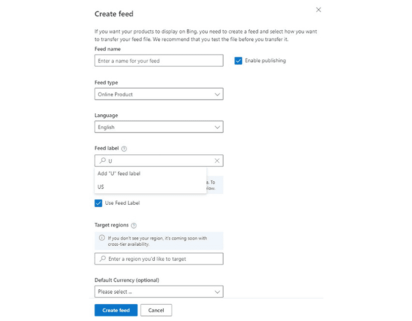 Feed label settings within Microsoft Advertising.