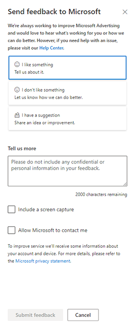 Product view of Microsoft Advertising feedback form.
