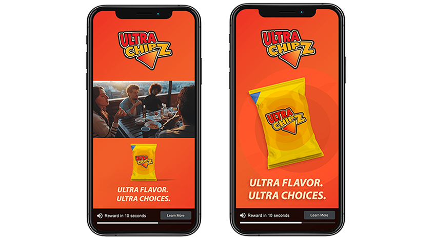 Two smartphone screens displaying Ultra Chipz rewarded video ads featuring product imagery and a call-to-action.