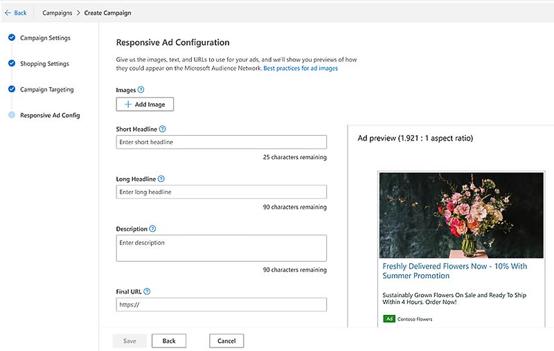 Product view of the Responsive Ad Configuration dialogue on the Create campaign interface page.