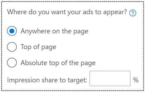 Product view of the popup window showing selection options for where you want your ads to appear on the page.